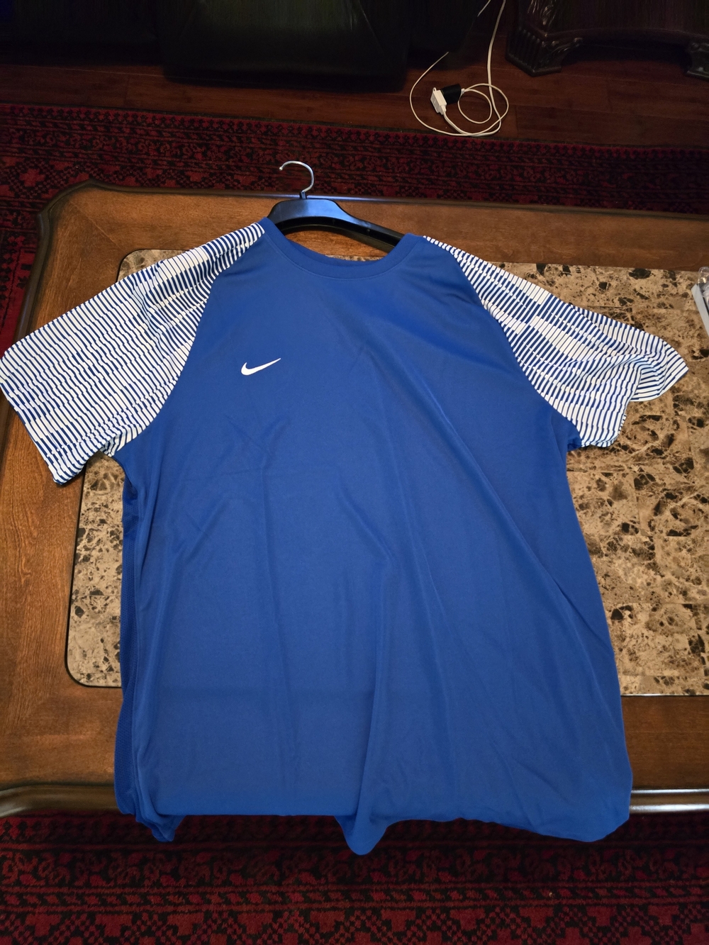 Nike Blue Athletic Tee with White Striped Sleeves